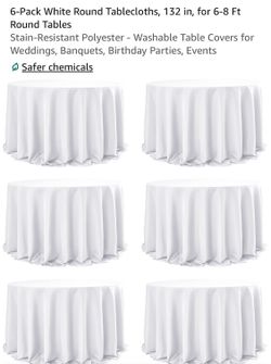 6-Pack White Round Tablecloths, 132 in, for 6-8 Ft Round Tables Stain-Resistant Polyester - Washable Table Covers for Weddings, Banquets, Birthday Par