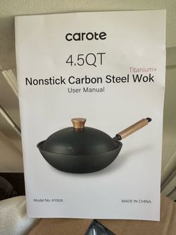 CAROTE 12" Carbon Steel Wok Pan, 4.5QT Woks & Stir-fry Pans Nonstick, No Chemical Coated
