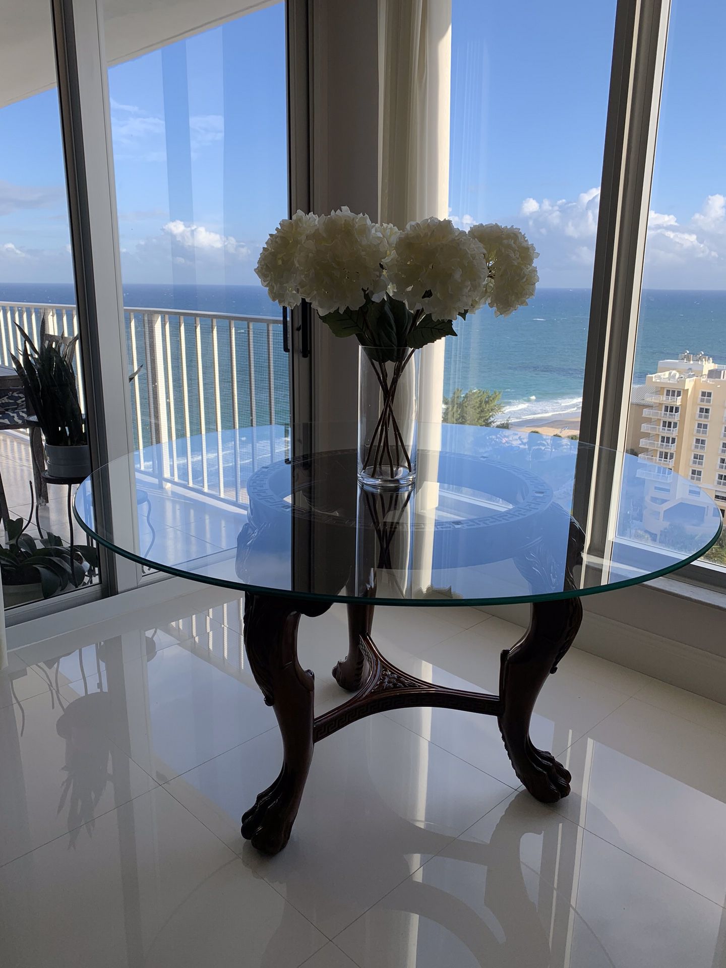 60” inches Round Glass Table with Wood Base