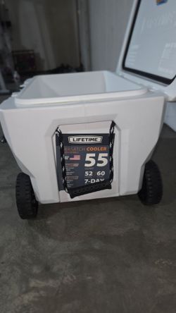 Lifetime 55 qt Bear-Resistant Camping Cooler Wheeled, Premium High Performance, Ice Retention, Hard Cooler, 60 Can Capacity, White (91072)