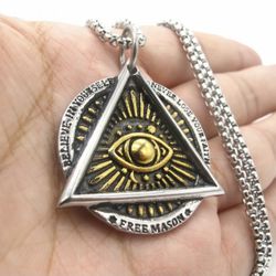Mens Masonic Gold Evil Eye Of Providence  stainless steel Pendant Necklace