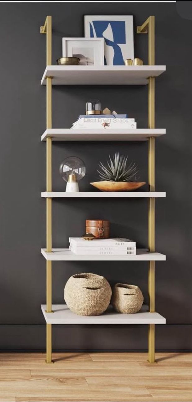 Nathan James Theo 5-Shelf Modern Bookcase, Open Wall Mount Ladder Bookshelf with Industrial Metal Fr