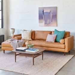 Article Luxury Italian leather sectional sofa - Mid-century modern tan / light brown couch with ottoman