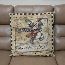Vtg Dashing Through the Snow 24" Tapestry Pillow Pat Yuille - Christmas