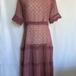 Lulus You Boho Embroidered Short Sleeve High Neck Midi Dress Size M 