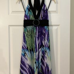 IZ Byer Summer Dress Colorful Multicolor Blue Green Purple Teal White Black Silky Soft Size Small