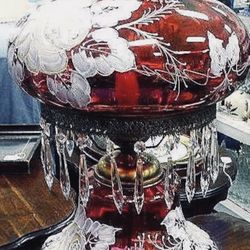 ANTIQUE WORKING MINT CONDITION FENTON “GONE WITH THE WIND” Hurricane Lamp. RUBY RED (CRANBERRY) color. Hand painted and signed by B Hart.  100% genuin