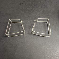 Geometric 3D Square Hoop Earrings In Silvertone Finish - Very Stylish Approx 2.75" Irregular Square Shape