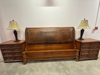 Wood Bed Frame with Leather Headboard and 2 Nightstands