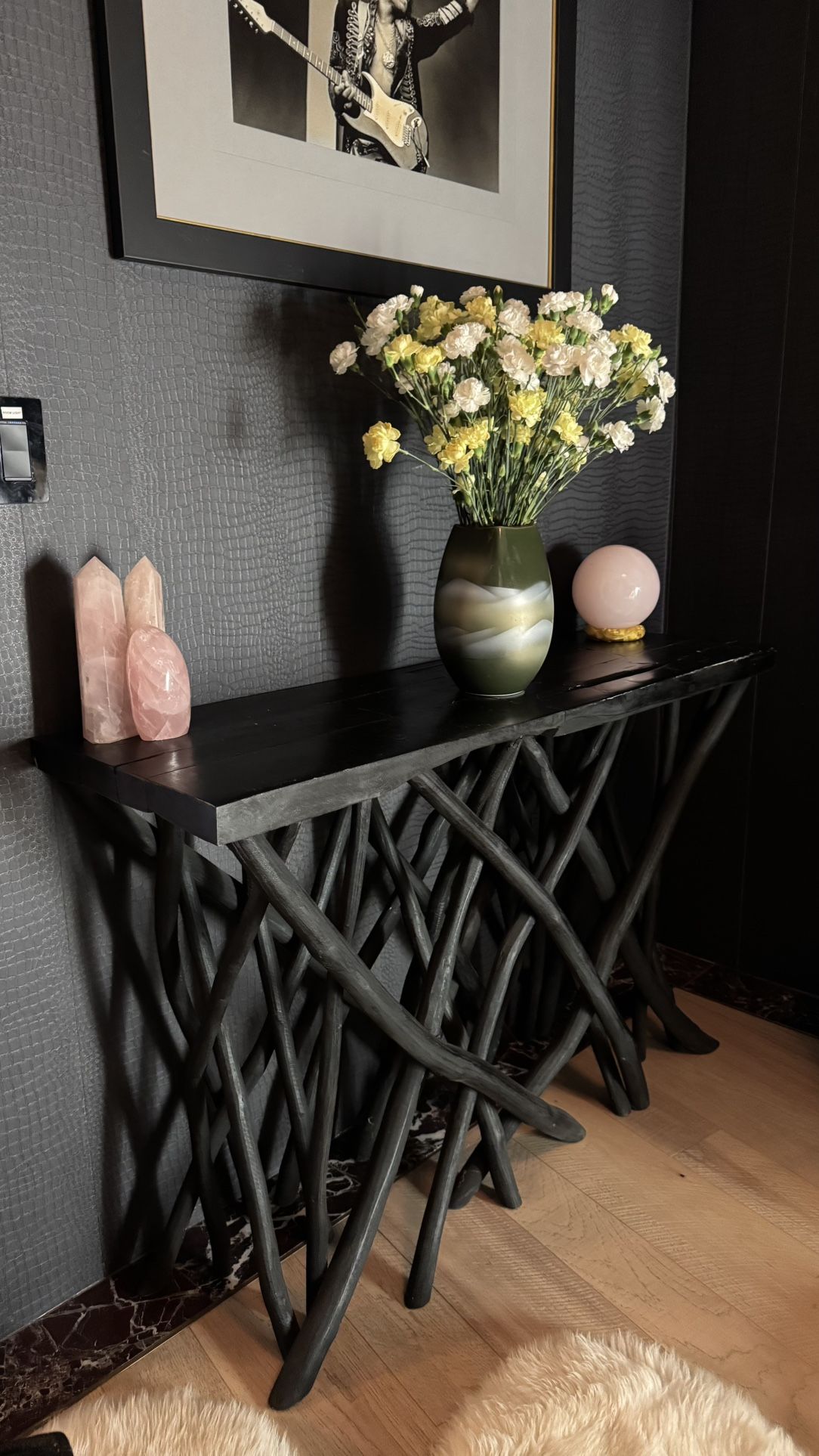 Black teak root console table