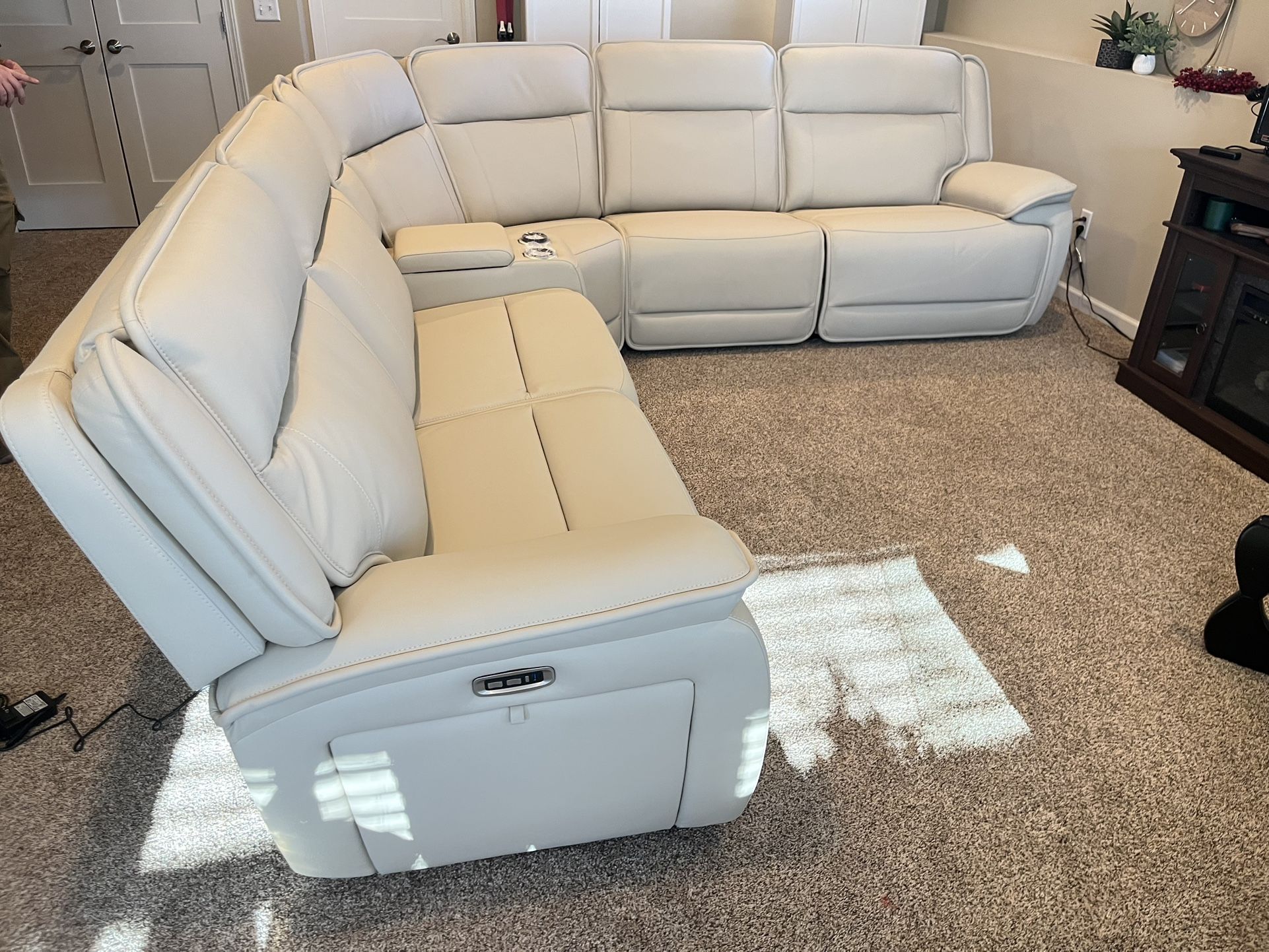 Cream Leather Reclining Sectional