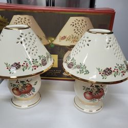 Vintage Lenox Williamsburg Boxwood and Pine Votive/Tea Light 2 Pc Lamp - Ivory with Gold Trim -