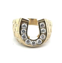 Men’s 14K Yellow Gold Nugget CZ Lucky Horseshoe Ring Size 9.5 GP3120160