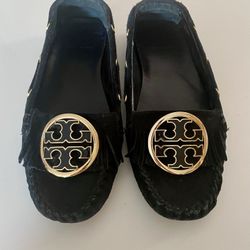 Tory Burch Alexandra Black Suede Leather Moccasins Logo Medallion Size 8
