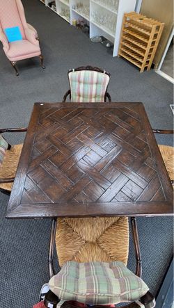 Dark Wood Parquet Top Dining Table with round drop leaf sides