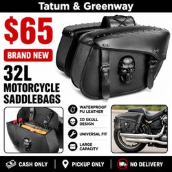 Brand New 32L Motorcycle Saddlebags – Black PU Leather 3D Skull – Universal Fit