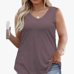 ROSRISS Womens-Plus-Size-Summer-Tank-Tops Cute V Neck Shirts Trendy Eyelet Sleeveless Blouses Casual Loose Tunics Tee XL-5XL