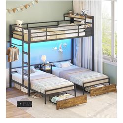 Triple Bunk Bed w/ LED Lights, Storage Drawers & Charging Station (Brand New)