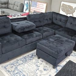 BLACK OR GREY VELVET SECTIONAL WITH OTTOMAN 