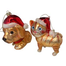 Christmas Ornament Santa Hat Glass Rauch Dog and Orange Stripped Cat Blue Eyes