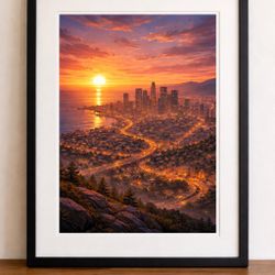 Cinematic Coastal City at Sunset – Luxury Framed Wall Art (16×20, Matted)
