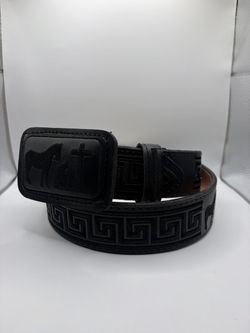 Size 34 Black Leather Belt with Greek Key Pattern