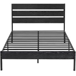 New In Box Full Bed Frame, Black Metal Frame Full Platform Bed with Modern Wood Headboard