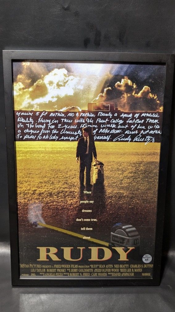 Rudy Movie Poster Signed Autograph Rudy Ruettiger 11x17 Inscribed Notre Dame Display