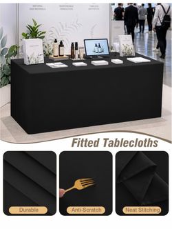 2 Pack Black Open Back Fitted Tablecloth Rectangle for 8ft Table Washable Wrinkle Resistant Folding Table Cover, 3-Sided Table Cloth for Vendor Booth/