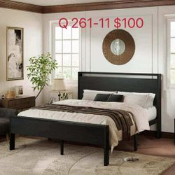 Queen Size Metal Platform Bed Frame with Wooden Headboard, Black Oak, (261-11)