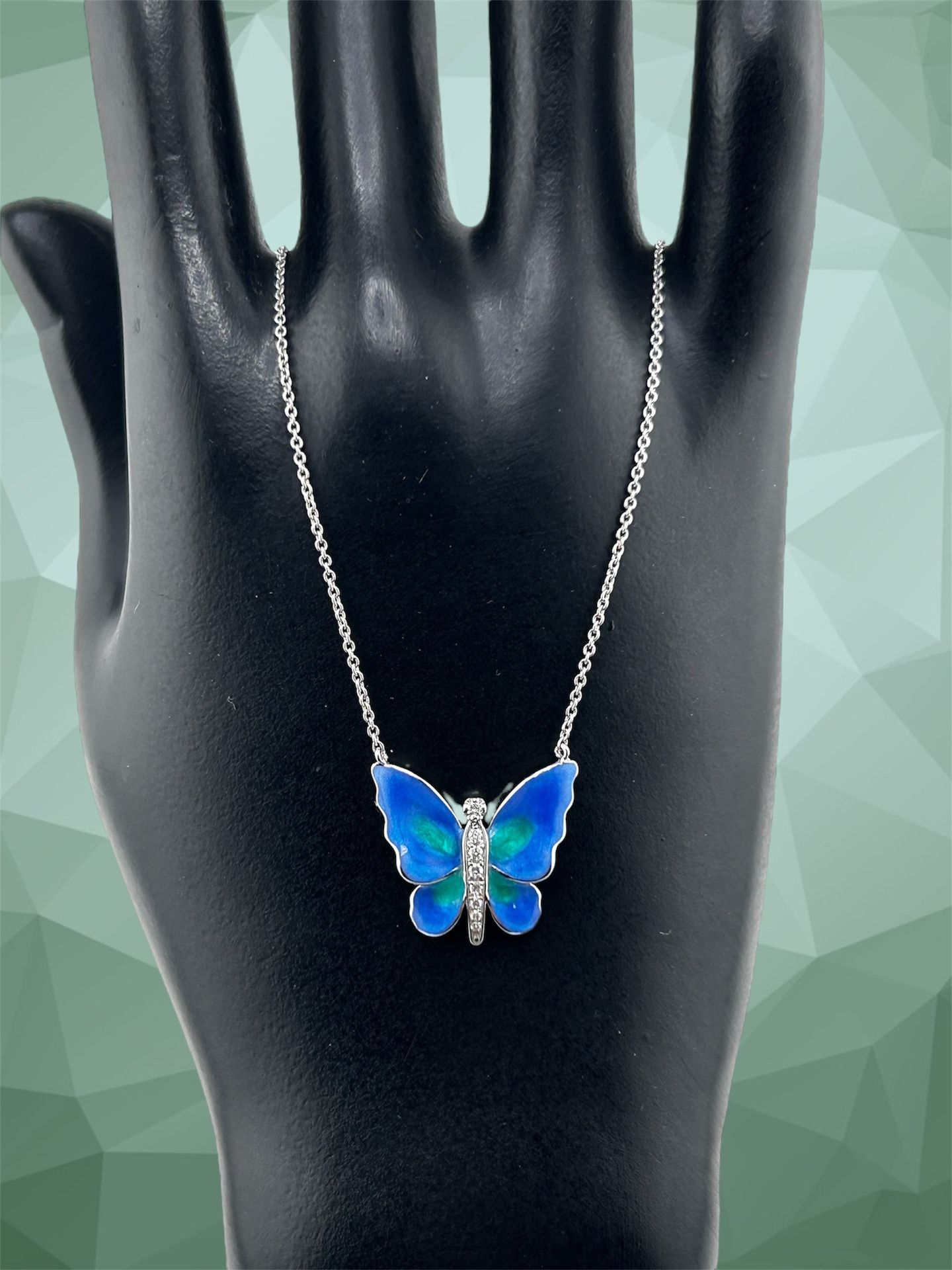 Blue Enamel Butterfly Diamond Pendant In 14k White Gold