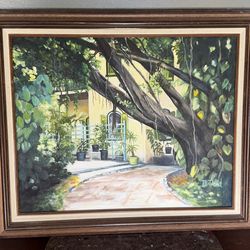 Original Tropical Courtyard Oil Painting Signed D. Reid Framed Garden Scene