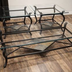 3-Piece Glass Top Coffee Table Set with Metal Frame & Slate Tile Inlay
