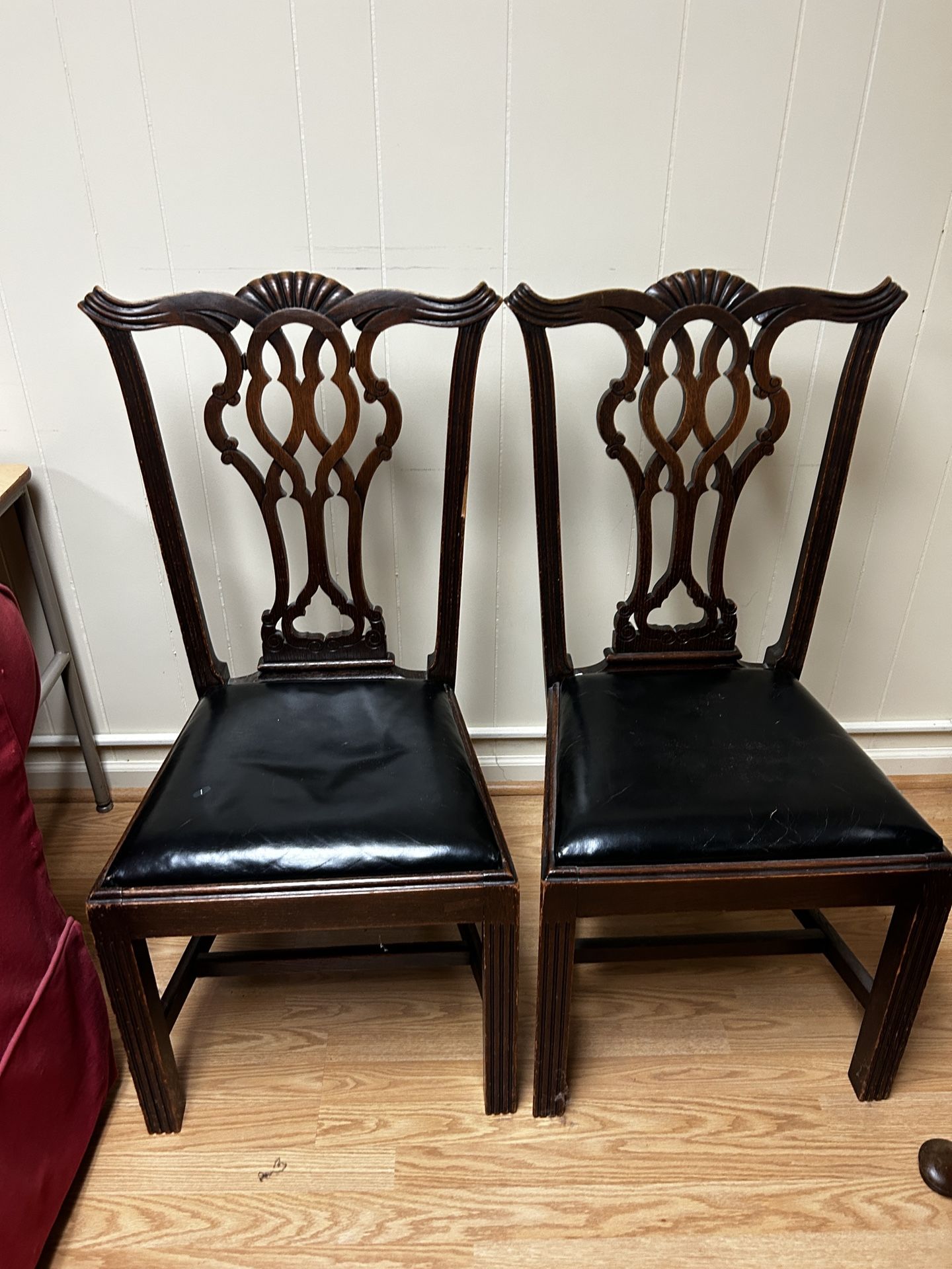 Set of 2 Chippendale-Style Dining Chairs w/Leather-Style Upholstering