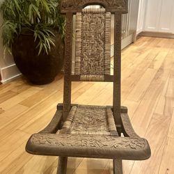 Antique Asian Burmese Carved Exotic Teak Wood & Bamboo & Cannage Folding Chair- Rare Collectible and gorgeous!