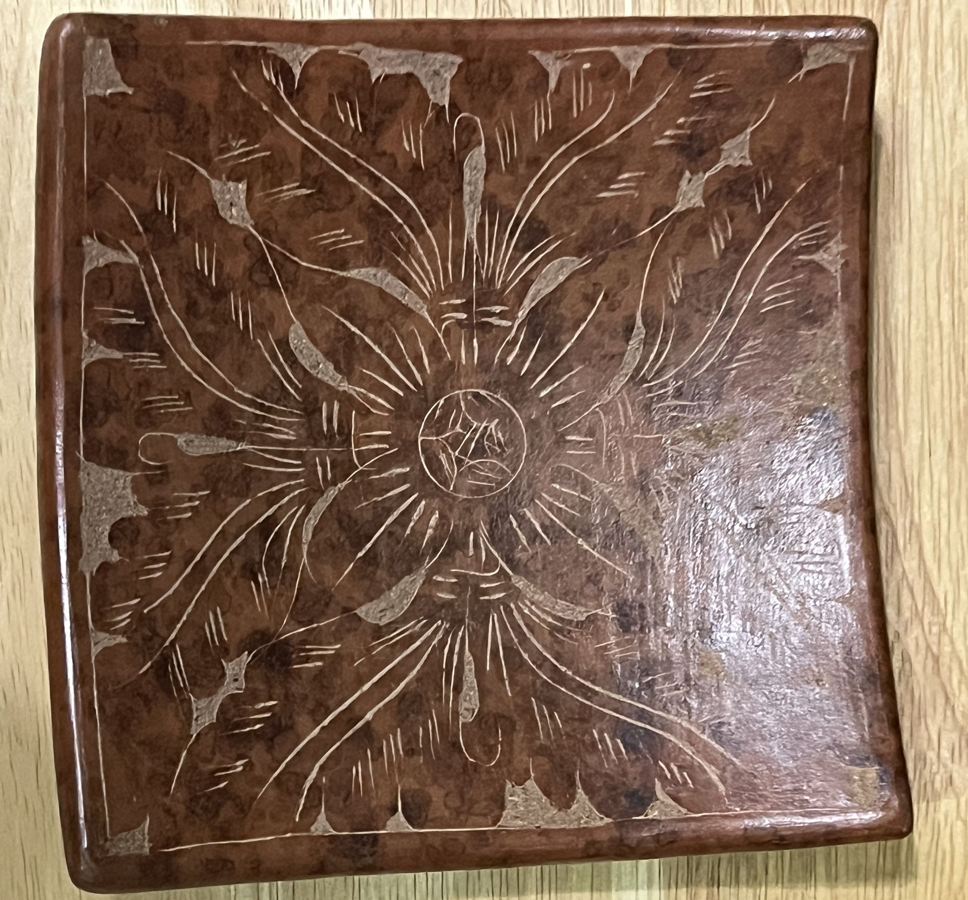Terracotta Pottery Etched Indonesian Square Candle Holder Trinket Tray (B-2)