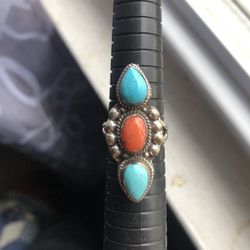 Sterling Ring With Coral And Turquoise Size 8.5