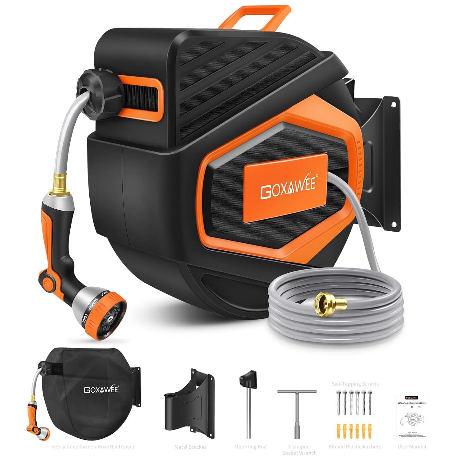 GOXAWEE Retractable Garden Hose Reel, 1/2" x 100 ft Upgraded UV Resistant Water Hose Reel Wall Mounted, Any Length Lock, Automatic Rewind, 180°Swivel 