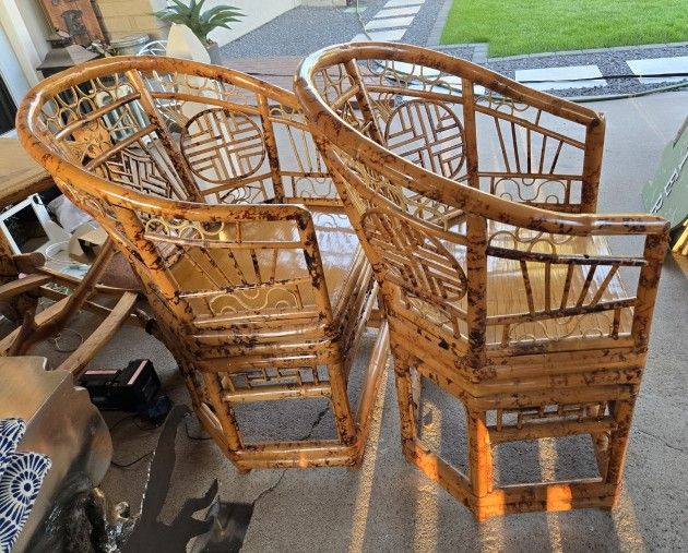 Mid-20th Century Chinoiserie Chippendale Tortoise Bamboo Chairs MCM