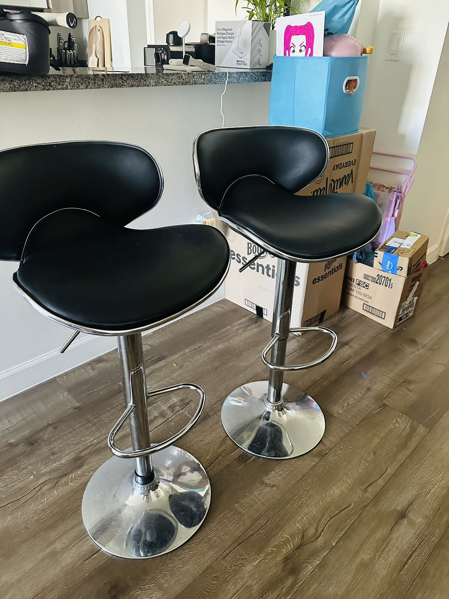 Set of 2 Modern Adjustable Bar Stools – Black Leather & Chrome Base