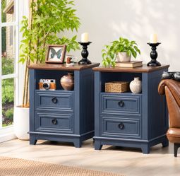 18" Farmhouse Night Stands Set of 2 with Charging Station, 2 Drawers End Table Dresser for Bedroom, Blue Wooden Nightstand, Bed Side Table with Open S