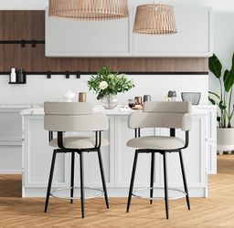 Swivel Bar Stools Set of 2, Ergonomic Backrest, Linen Fabric Upholstered Bar Stools with Chrome Plated Metal Feet for Kitchen Island (Beige, 24 inch)