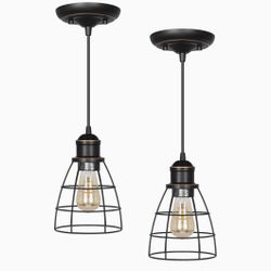 DEWENWILS Pendant Lights, Adjustable Industrial Pendant Light Fixtures, Metal Caged E26 Base, Farmhouse Pendant Lighting for Kitchen Island, Bedroom, 