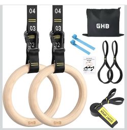 GHB Gymnastic Rings Wooden Gym Rings 1.25" Olympic Rings Adjustable Straps Pull Up Rings Sets for Workout Bodyweight Fitness Training