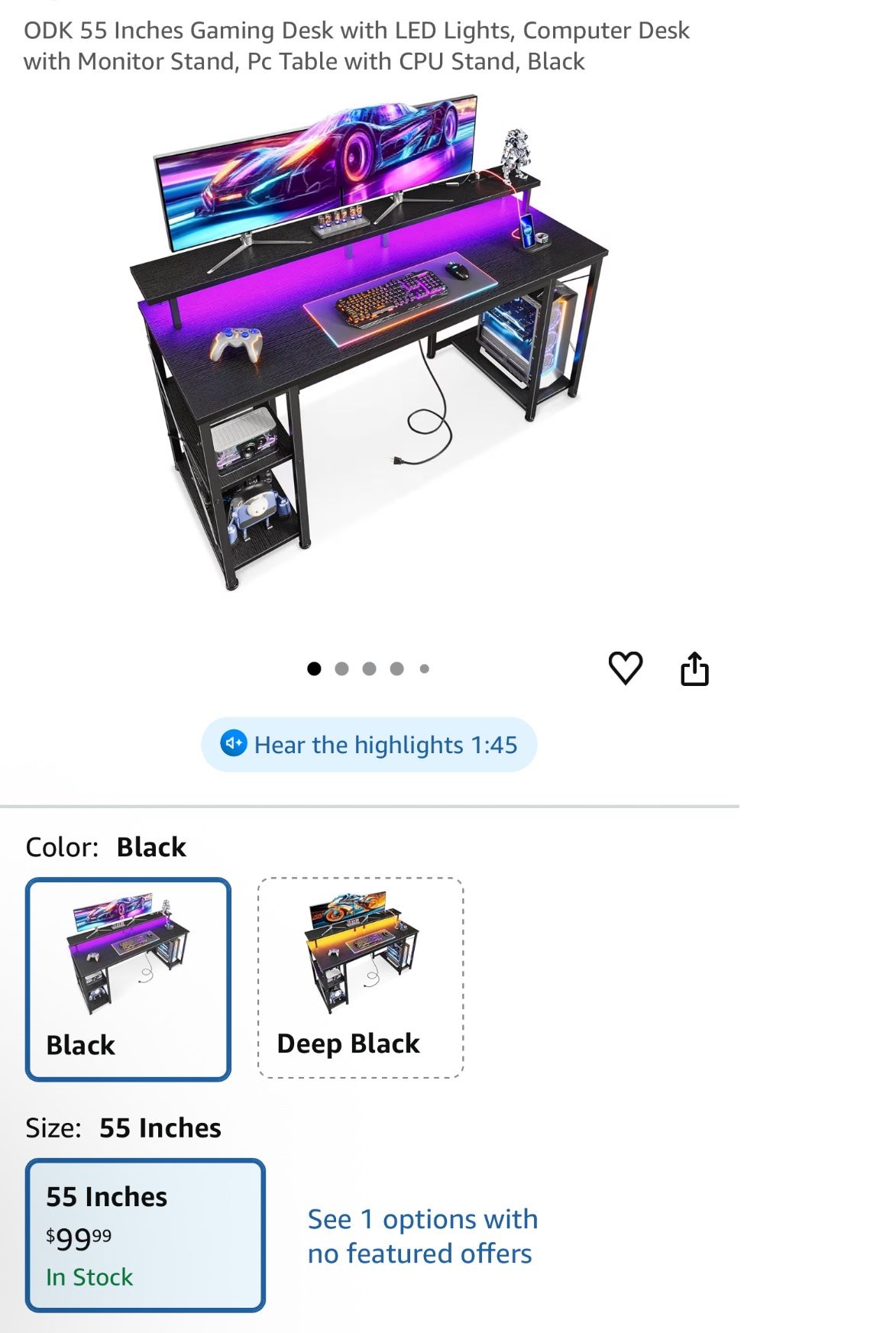 ODK 55 Inches Gaming Desk with LED Lights, Computer Desk with Monitor Stand, Pc Table with CPU Stand, Black 55 Inches Black