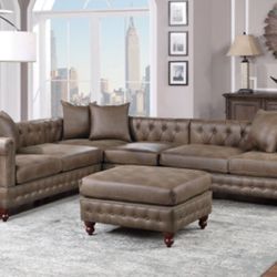 Brown Leatherette Sectional Sofa With Ottoman (Free Delivery)