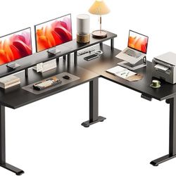 Electric L Shaped Standing Desk with Monitor Stand, 59 Inch Height Adjustable Corner Desk with Power Outlets, Large Sit Stand Table, Reversible Comput