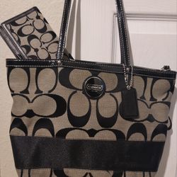 COACH Black And Gray Tote Bag Purse + Checkbook Wallet