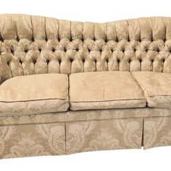 English Tufted Roll Arm Cream Damask Sofa With 3 Down Filled Cushions — Removable & Reversible Cushions. Custom Made Arm Covers. Perfect Condition!