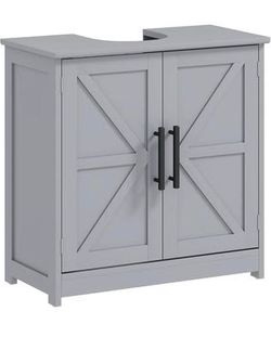 Newly assembled Pedestal Sink Storage Cabinet, 2 Barn Doors, Dark Gray Farmhouse Freestanding Bathro